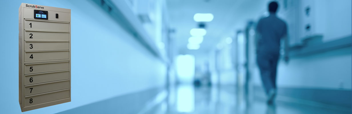 ScrubServe dispensers only issue clean scrubs to authorised staff. Each staff member can access a clean scrub set on a one-for-one exchange basis